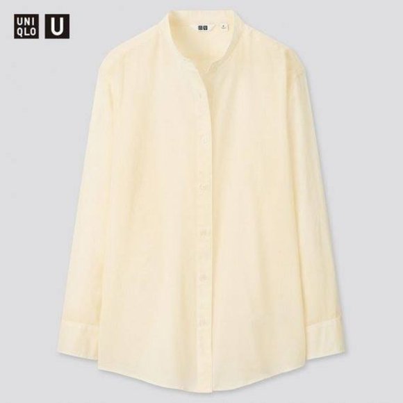🔴Uniqlo U Sheer Band Collar Long Sleeve Ivory Yellow Button Shirt - SZ X - Picture 2 of 8